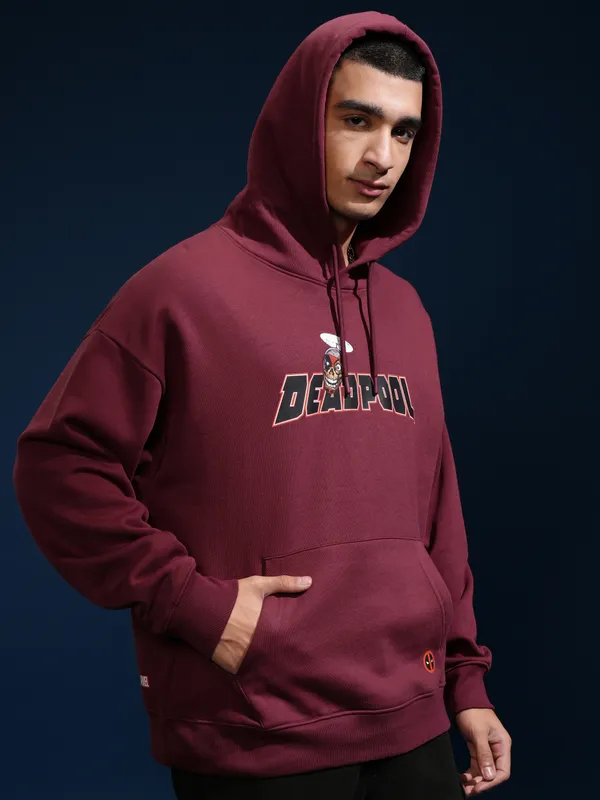 Marvel By Highlander Men Maroon Deadpool Hooded Pullover Sweatshirt