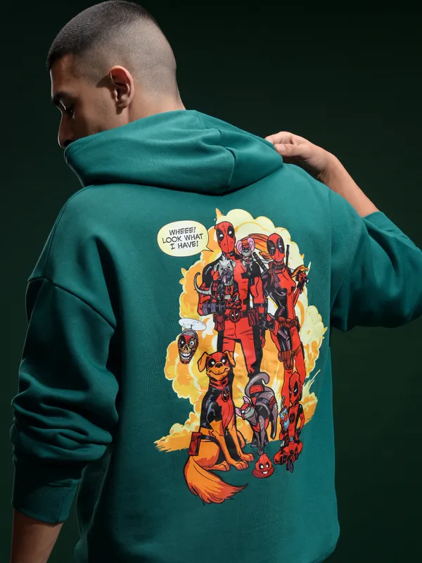 Marvel By Highlander Men Green Deadpool Hooded Pullover Sweatshirt