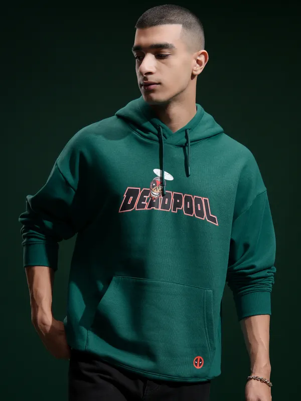 Marvel By Highlander Men Green Deadpool Hooded Pullover Sweatshirt