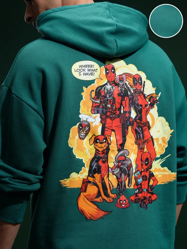 Marvel By Highlander Men Green Deadpool Hooded Pullover Sweatshirt