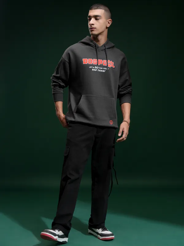 Marvel By Highlander Men Grey Deadpool Hooded Pullover Sweatshirt