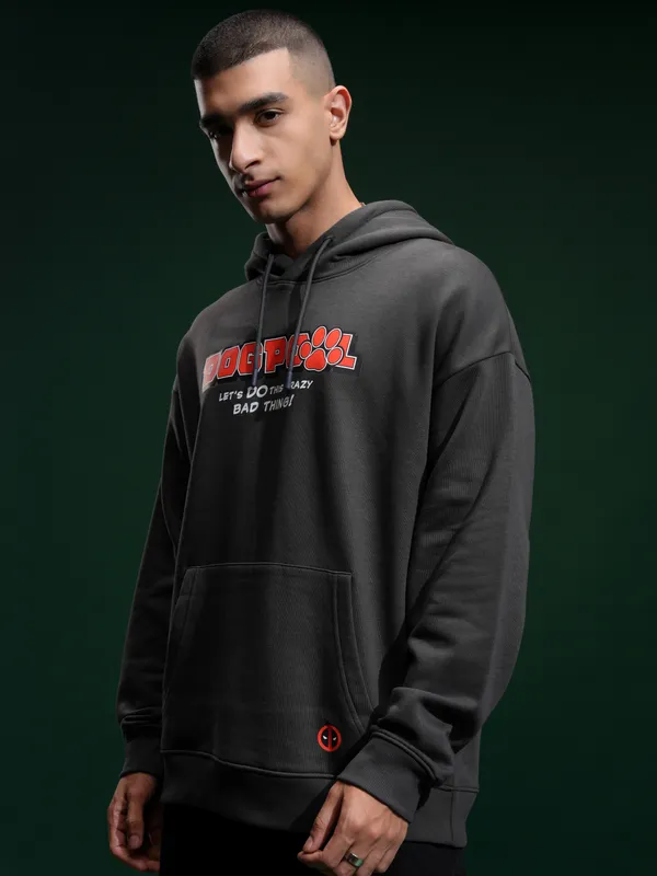 Marvel By Highlander Men Grey Deadpool Hooded Pullover Sweatshirt