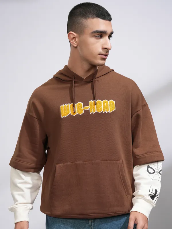 Highlander Men Brown Printed Pullover Hood Sweatshirt