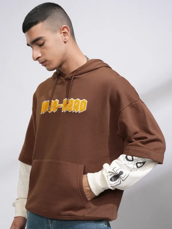 Highlander Men Brown Printed Pullover Hood Sweatshirt