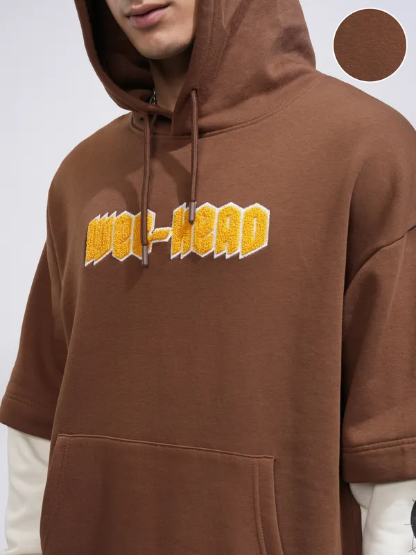 Highlander Men Brown Printed Pullover Hood Sweatshirt