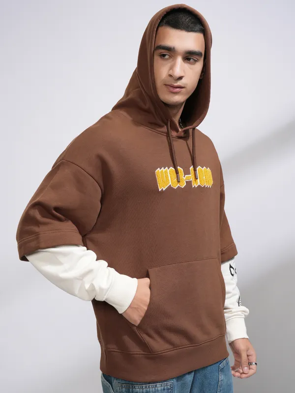 Highlander Men Brown Printed Pullover Hood Sweatshirt