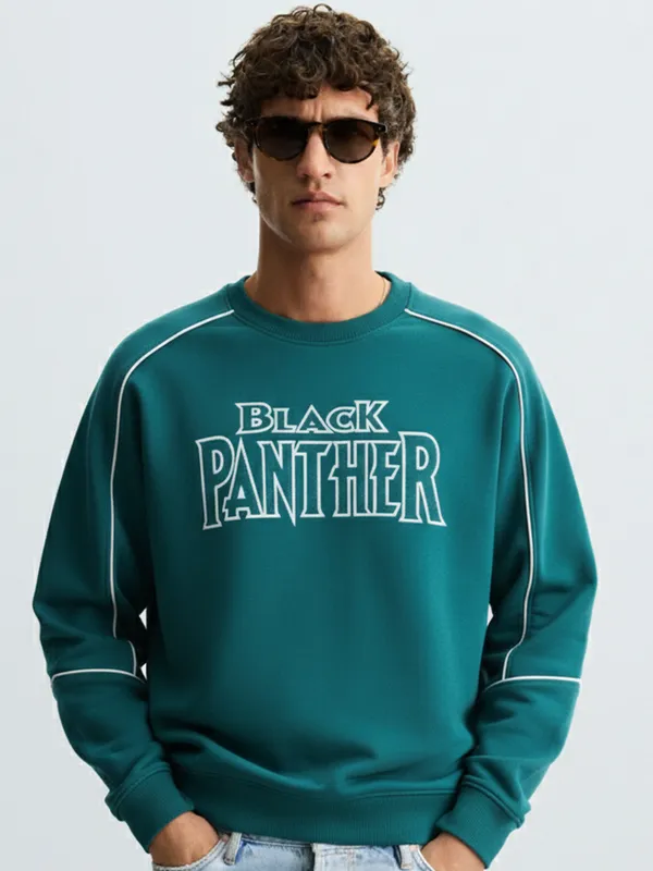 Marvel By Highlander Men Teal Black Panther Round Neck Pullover Sweatshirt
