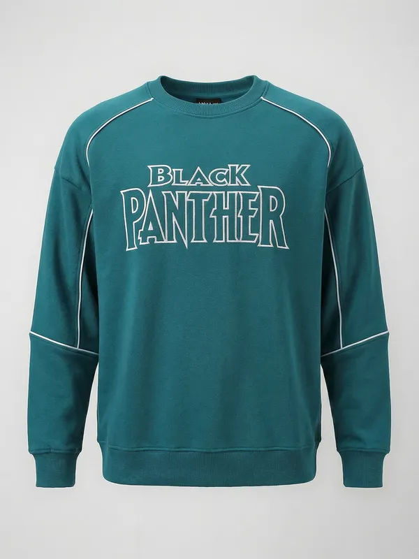 Marvel By Highlander Men Teal Black Panther Round Neck Pullover Sweatshirt