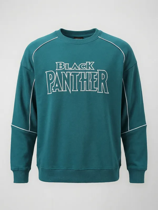 Marvel By Highlander Men Teal Black Panther Round Neck Pullover Sweatshirt