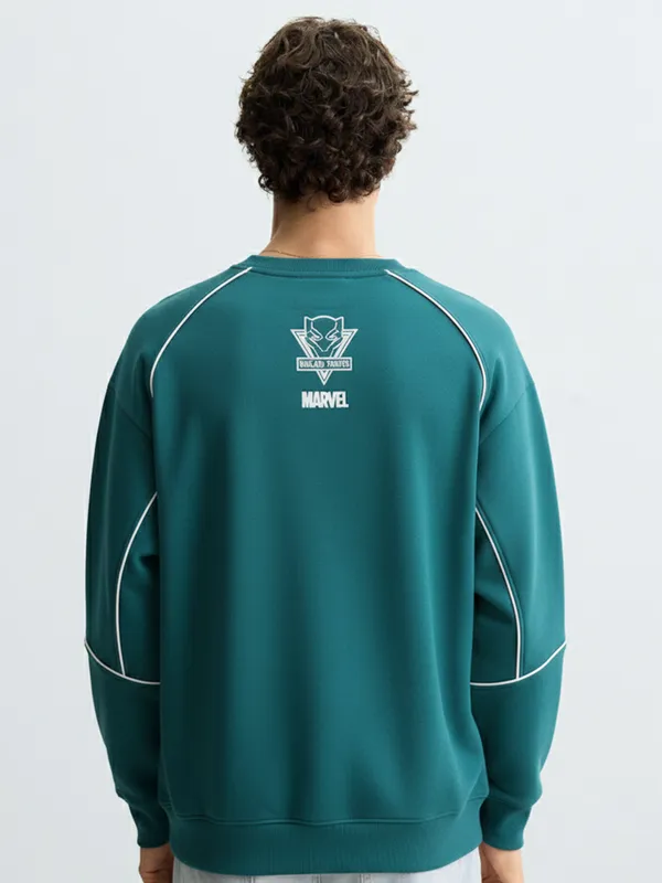 Marvel By Highlander Men Teal Black Panther Round Neck Pullover Sweatshirt
