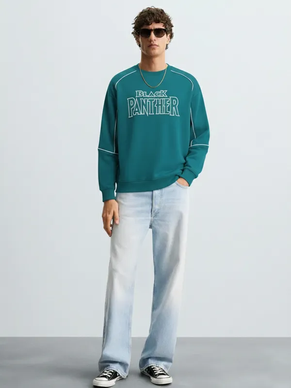 Marvel By Highlander Men Teal Black Panther Round Neck Pullover Sweatshirt