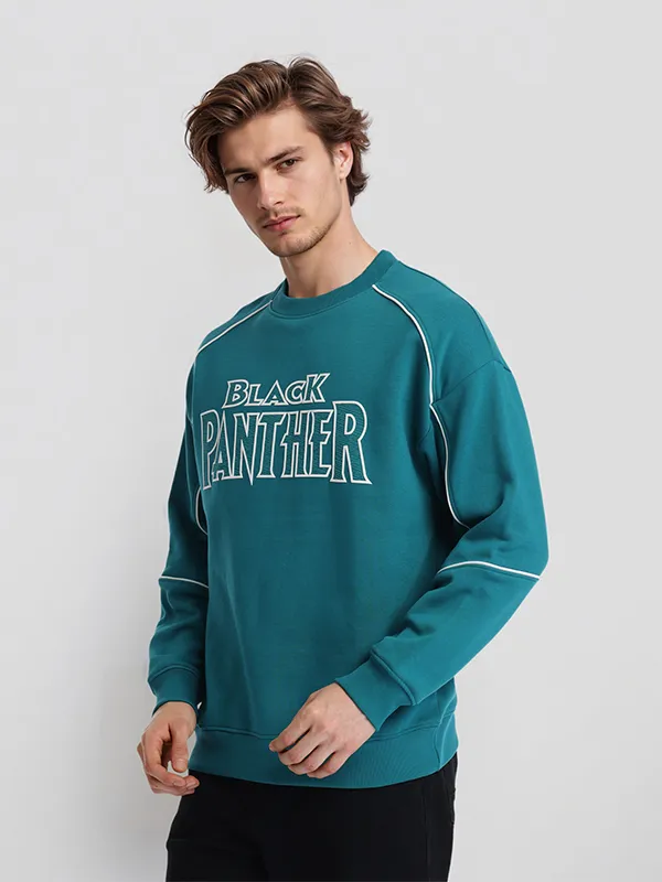 Marvel By Highlander Men Teal Black Panther Round Neck Pullover Sweatshirt