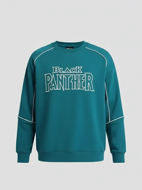 Marvel By Highlander Men Teal Black Panther Round Neck Pullover Sweatshirt