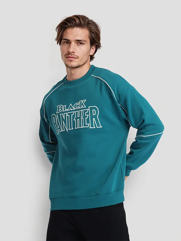Marvel By Highlander Men Teal Black Panther Round Neck Pullover Sweatshirt