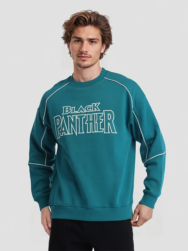 Marvel By Highlander Men Teal Black Panther Round Neck Pullover Sweatshirt