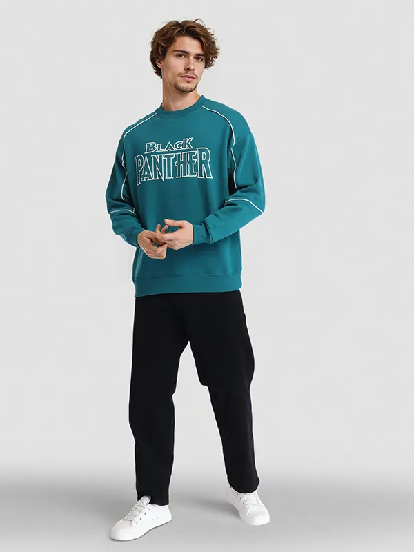 Marvel By Highlander Men Teal Black Panther Round Neck Pullover Sweatshirt