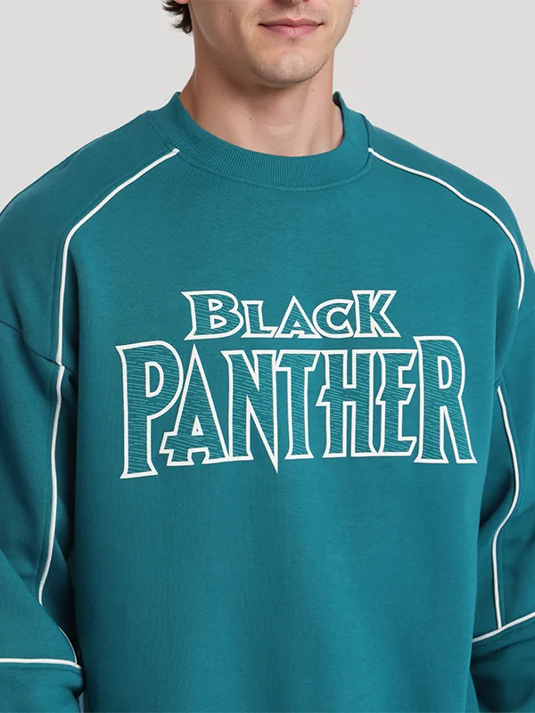 Marvel By Highlander Men Teal Black Panther Round Neck Pullover Sweatshirt