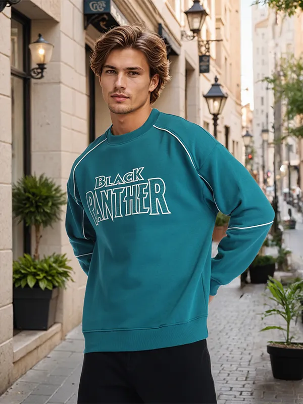 Marvel By Highlander Men Teal Black Panther Round Neck Pullover Sweatshirt