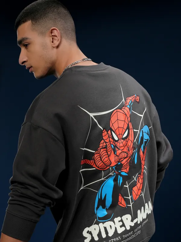 Marvel By Highlander Men Grey Spider-Man Round Neck Pullover Sweatshirt