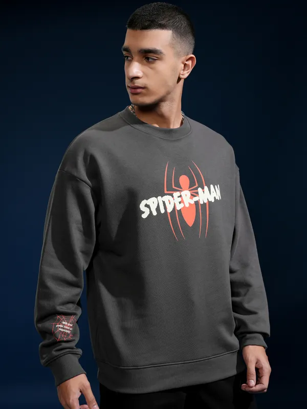 Marvel By Highlander Men Grey Spider-Man Round Neck Pullover Sweatshirt