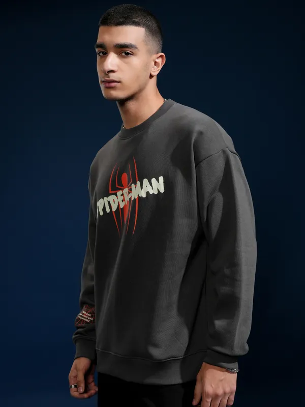 Marvel By Highlander Men Grey Spider-Man Round Neck Pullover Sweatshirt