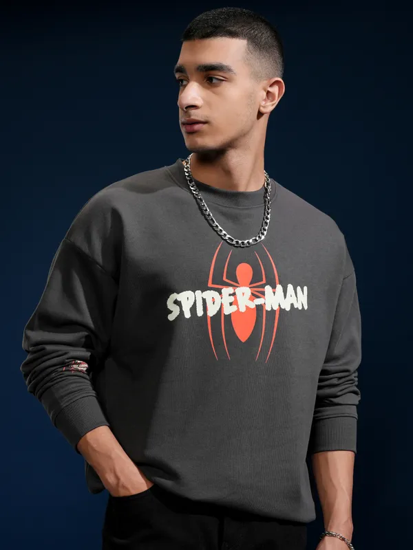 Marvel By Highlander Men Grey Spider-Man Round Neck Pullover Sweatshirt