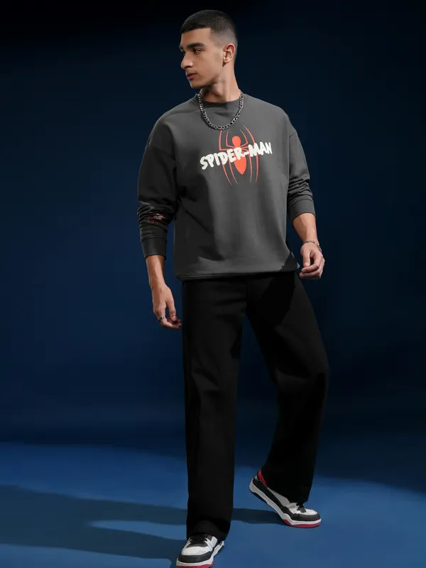 Marvel By Highlander Men Grey Spider-Man Round Neck Pullover Sweatshirt