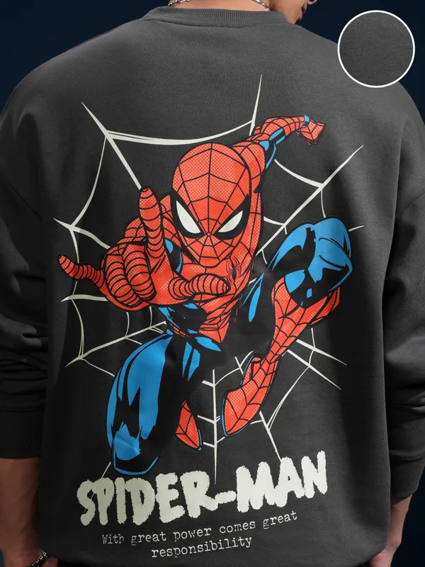Marvel By Highlander Men Grey Spider-Man Round Neck Pullover Sweatshirt