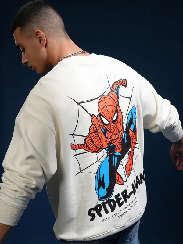 Marvel By Highlander Men White Spider-Man Round Neck Pullover Sweatshirt