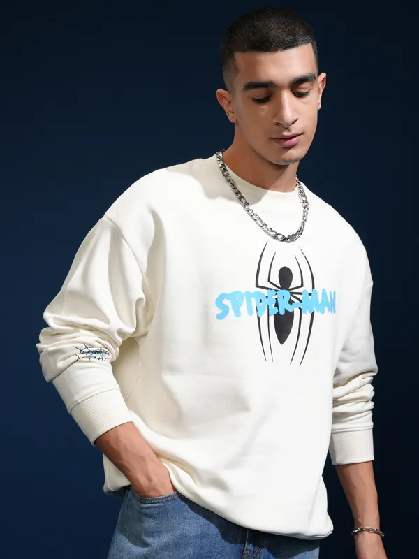 Marvel By Highlander Men White Spider-Man Round Neck Pullover Sweatshirt