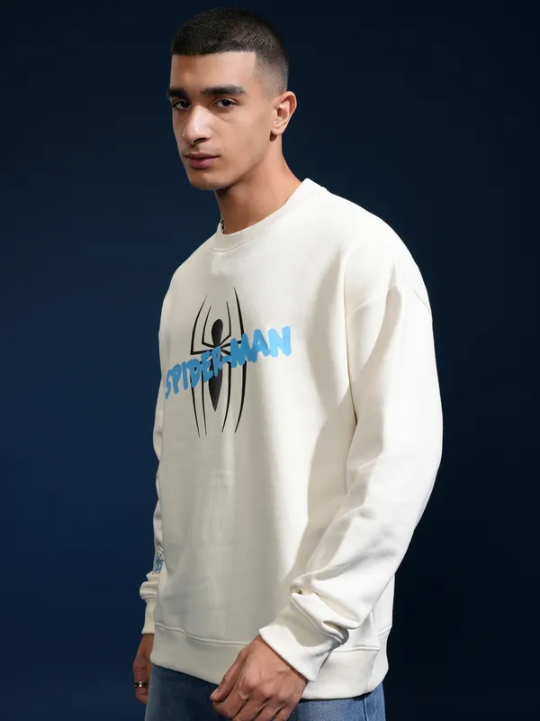 Marvel By Highlander Men White Spider-Man Round Neck Pullover Sweatshirt