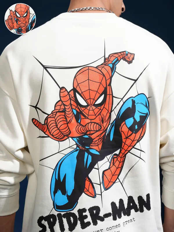 Marvel By Highlander Men White Spider-Man Round Neck Pullover Sweatshirt
