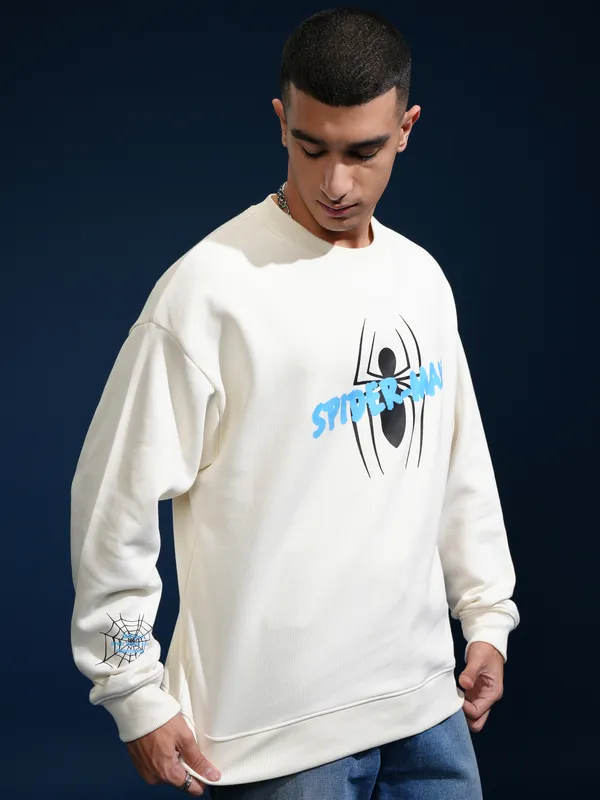 Marvel By Highlander Men White Spider-Man Round Neck Pullover Sweatshirt