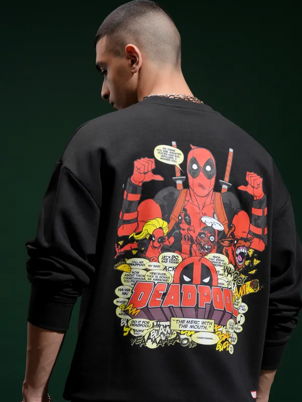 Marvel By Highlander Men Black Deadpool Round Neck Pullover Sweatshirt