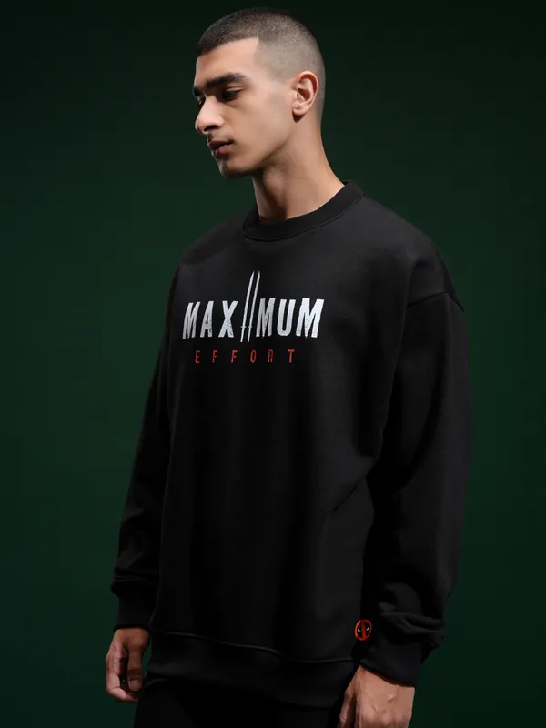 Marvel By Highlander Men Black Deadpool Round Neck Pullover Sweatshirt