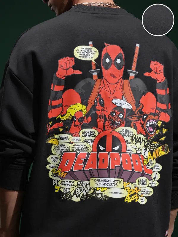 Marvel By Highlander Men Black Deadpool Round Neck Pullover Sweatshirt