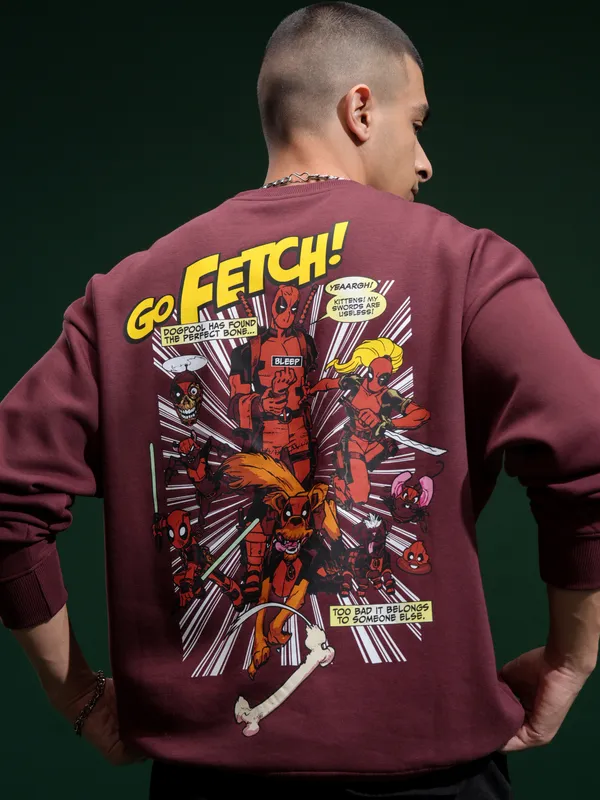 Marvel By Highlander Men Maroon Deadpool Round Neck Pullover Sweatshirt