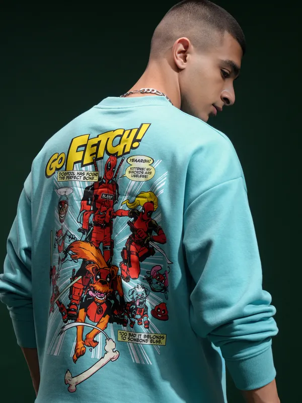 Marvel By Highlander Men Blue Deadpool Round Neck Pullover Sweatshirt