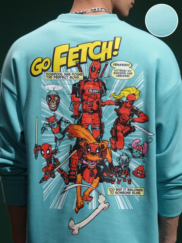 Marvel By Highlander Men Blue Deadpool Round Neck Pullover Sweatshirt