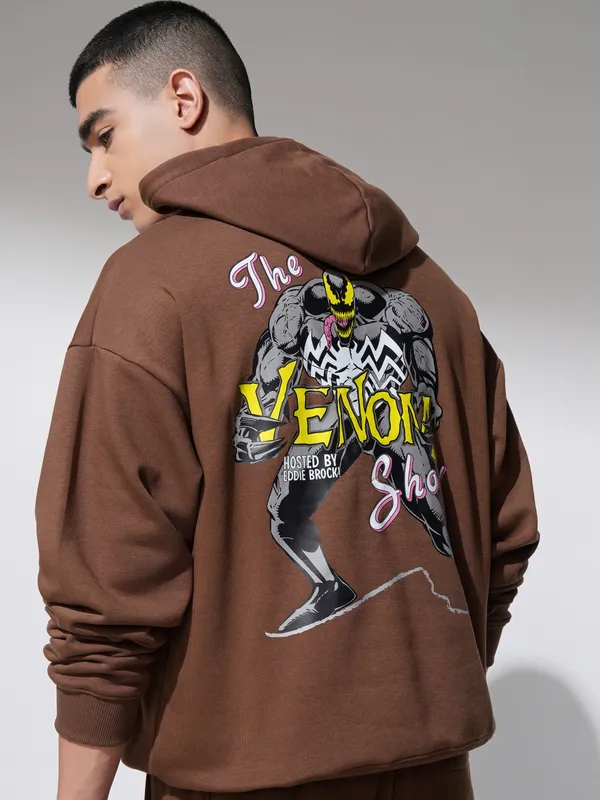 Marvel By Highlander Men Brown Venom Hooded Pullover Sweatshirt