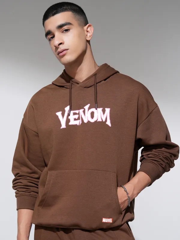 Marvel By Highlander Men Brown Venom Hooded Pullover Sweatshirt