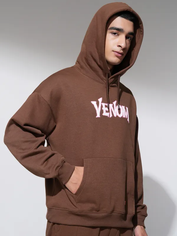 Marvel By Highlander Men Brown Venom Hooded Pullover Sweatshirt