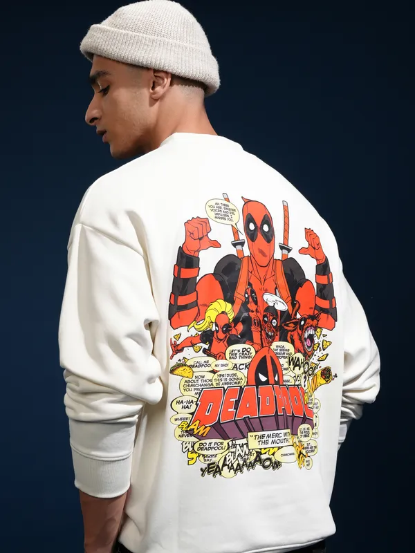 Marvel By Highlander Men White Deadpool Round Neck Pullover Sweatshirt