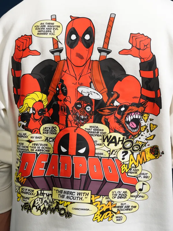 Marvel By Highlander Men White Deadpool Round Neck Pullover Sweatshirt