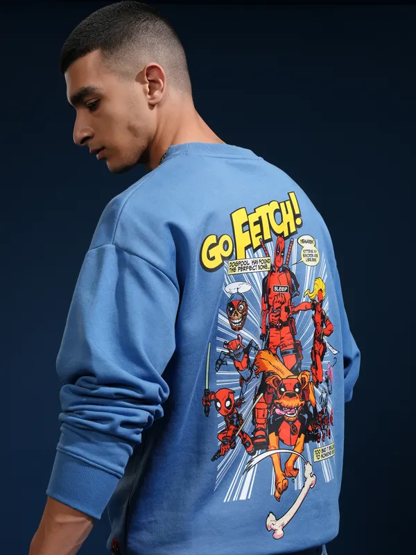 Marvel By Highlander Men Blue Deadpool Round Neck Pullover Sweatshirt
