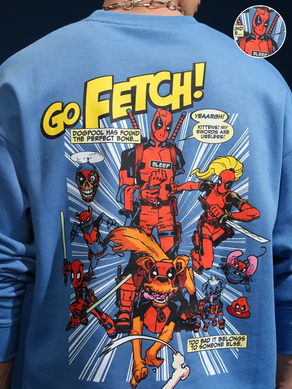 Marvel By Highlander Men Blue Deadpool Round Neck Pullover Sweatshirt