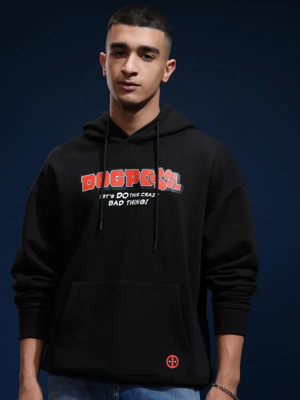 Marvel By Highlander Men Black Dogpool Hooded Pullover Sweatshirt