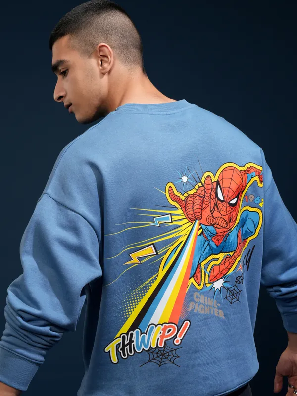 Marvel By Highlander Men Blue Spider-Man Round Neck Printed Oversized Fit Sweatshirt