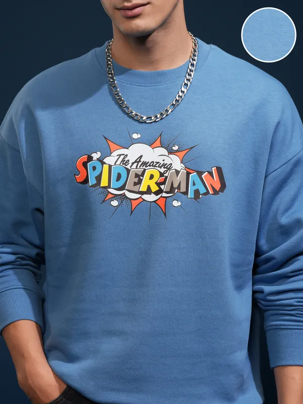 Marvel By Highlander Men Blue Spider-Man Round Neck Printed Oversized Fit Sweatshirt