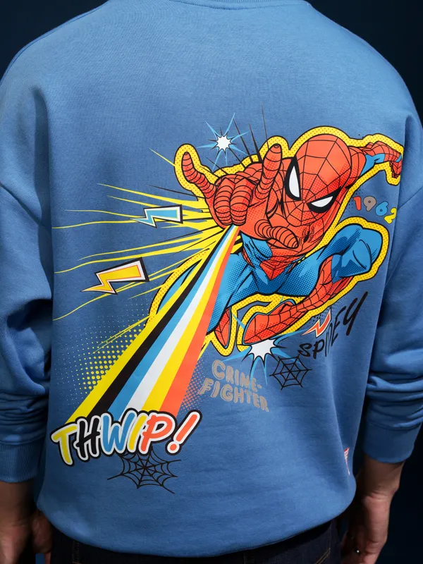 Marvel By Highlander Men Blue Spider-Man Round Neck Printed Oversized Fit Sweatshirt